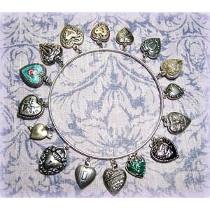 Silver Vintage Style Puffy Heart Bangle - 16 Charms - Guilloche
